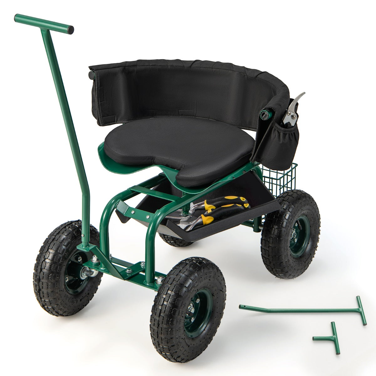LIVSK Tuinwagen-Scooter - 360° Draaibare Verstelbare Zitting - Opbergruimte - Duurzaam Metaal - Tot 150 kg - Groen
