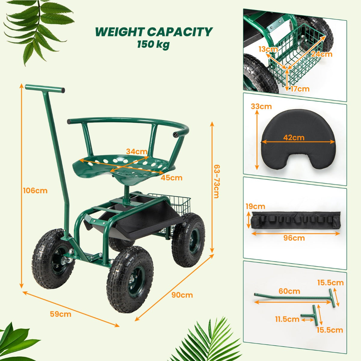 LIVSK Tuinwagen-Scooter - 360° Draaibare Verstelbare Zitting - Opbergruimte - Duurzaam Metaal - Tot 150 kg - Groen
