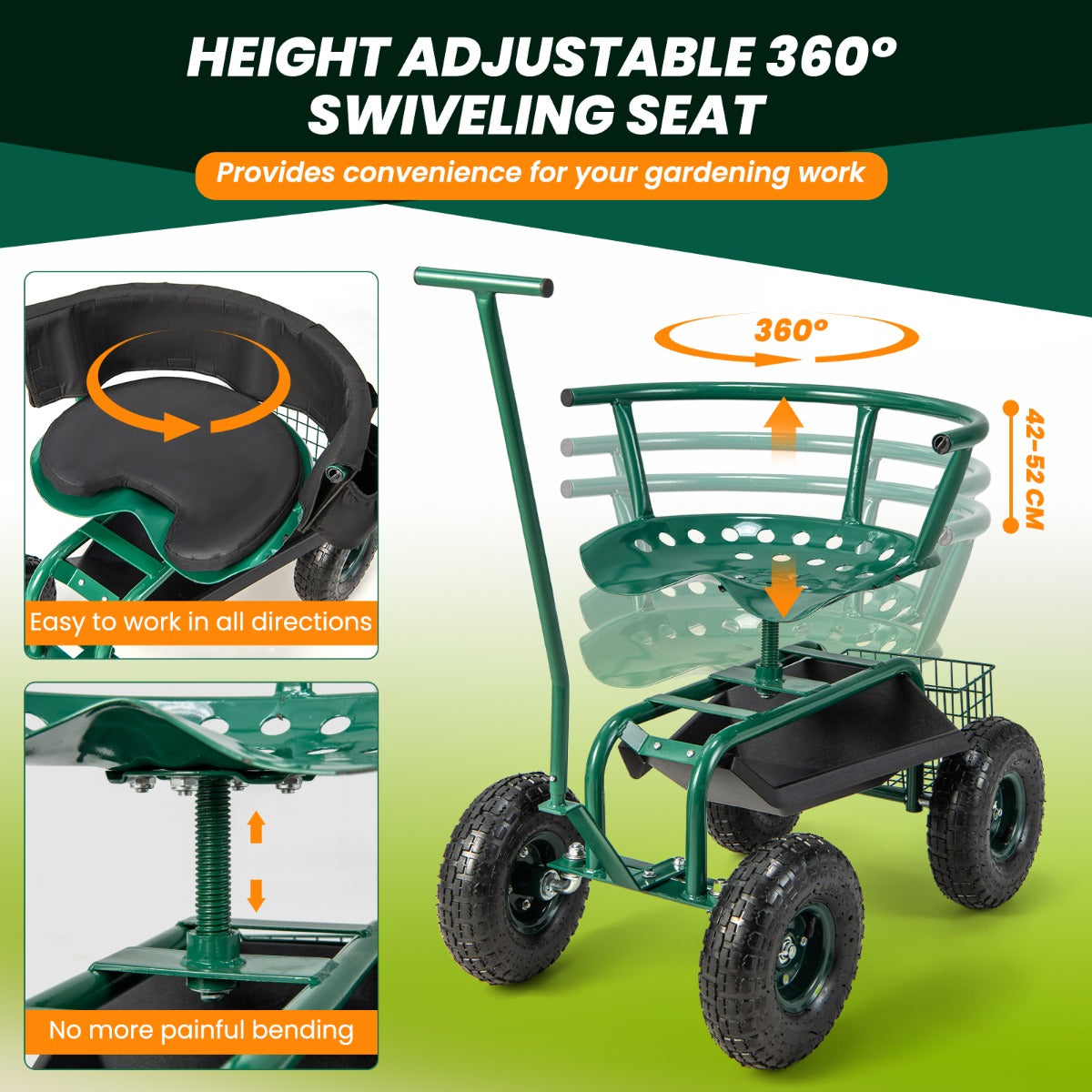 LIVSK Tuinwagen-Scooter - 360° Draaibare Verstelbare Zitting - Opbergruimte - Duurzaam Metaal - Tot 150 kg - Groen