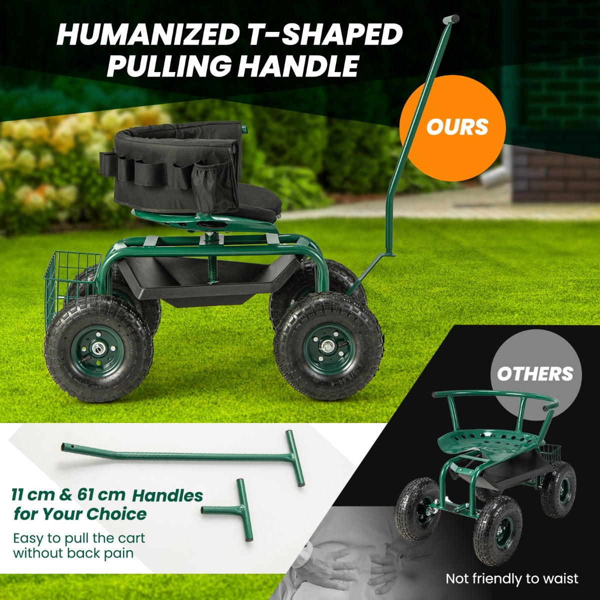LIVSK Tuinwagen-Scooter - 360° Draaibare Verstelbare Zitting - Opbergruimte - Duurzaam Metaal - Tot 150 kg - Groen