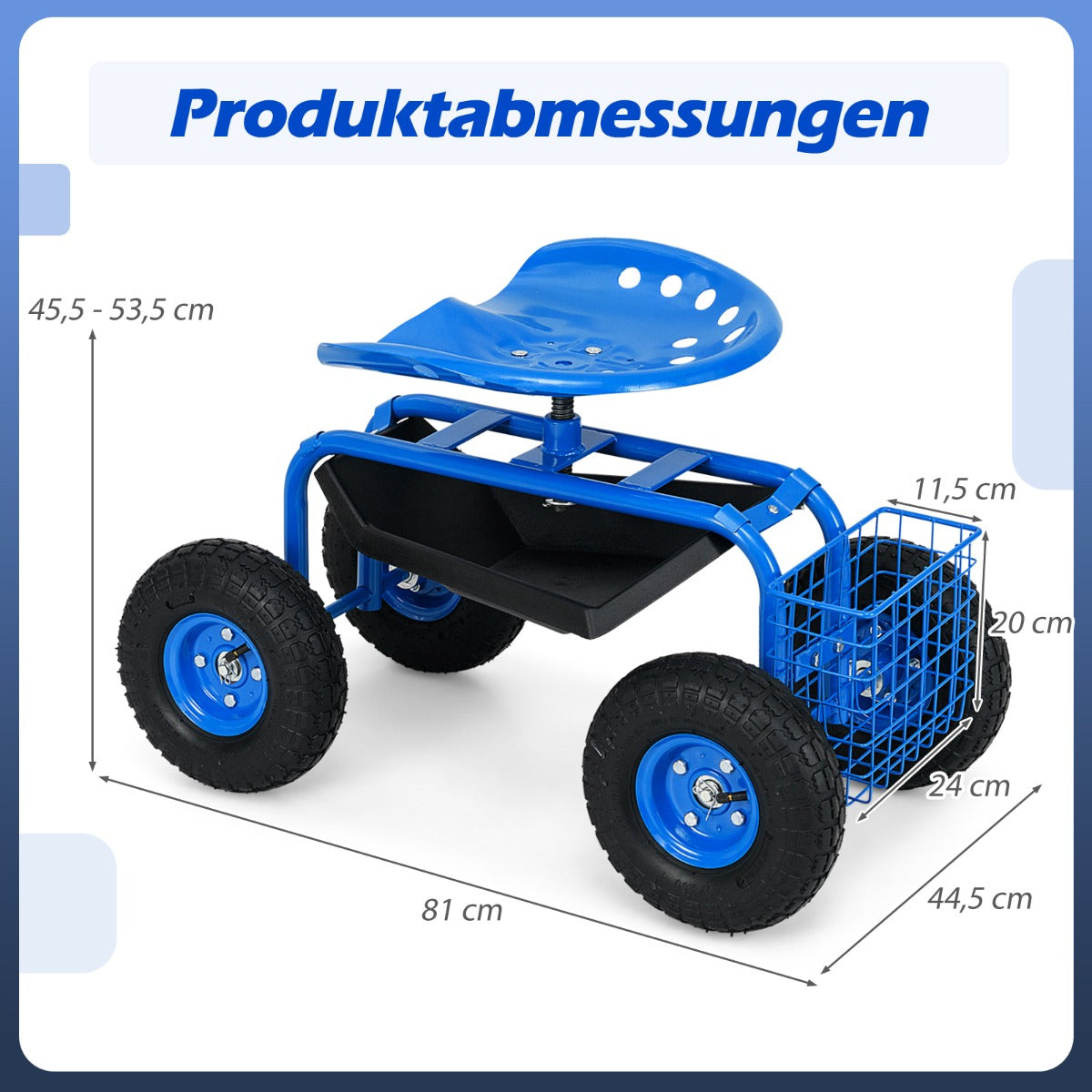 LIVSK rollende tuingereedschapswagen - Verstelbare draaistoel - 360° draaibaar - Opbergruimte - Draagvermogen 150 kg - Blauw