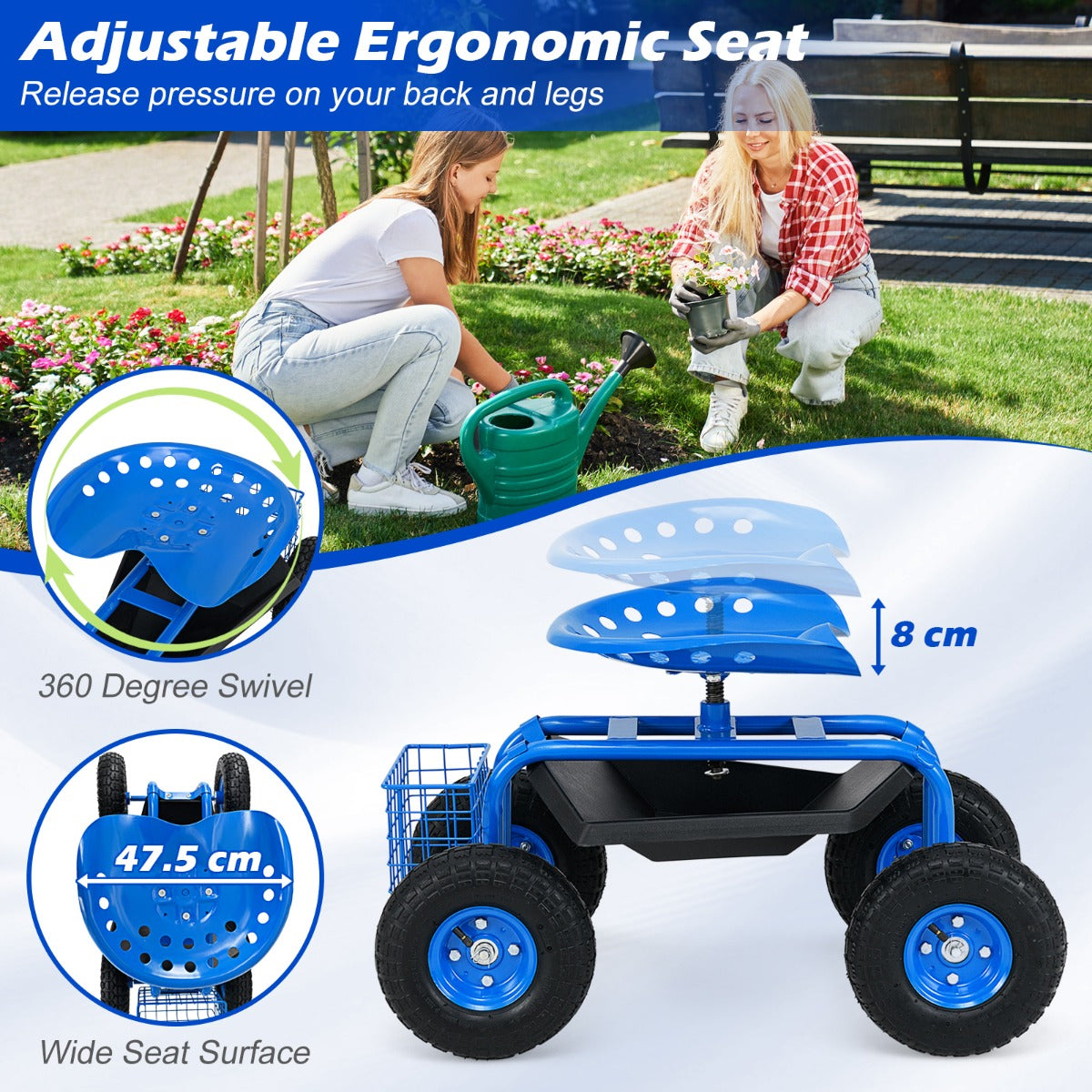 LIVSK rollende tuingereedschapswagen - Verstelbare draaistoel - 360° draaibaar - Opbergruimte - Draagvermogen 150 kg - Blauw