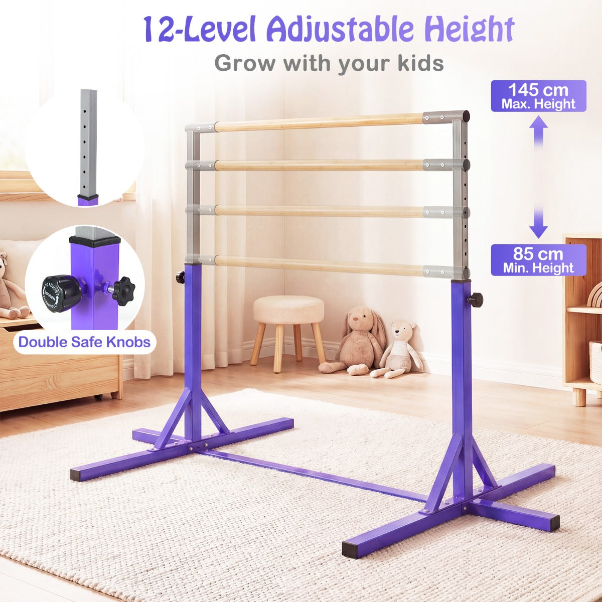 Livsk costway turnstang horizontale turnstang in hoogte verstelbaar tot 12 standen met een metalen frame en antislipvoet paars 5