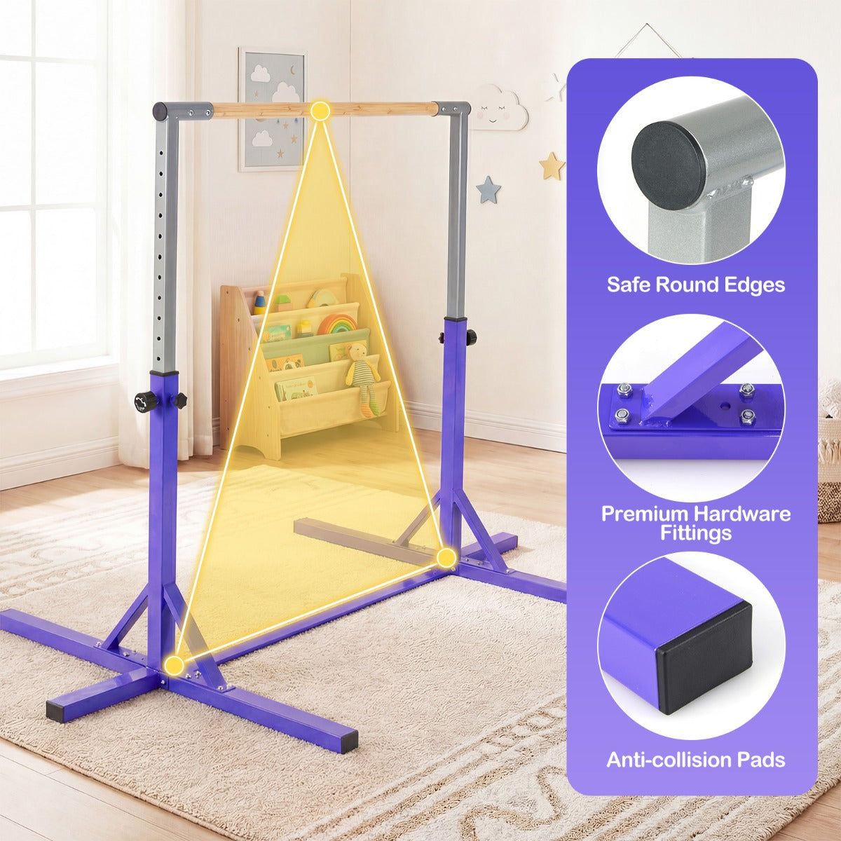 Livsk costway turnstang horizontale turnstang in hoogte verstelbaar tot 12 standen met een metalen frame en antislipvoet paars 6