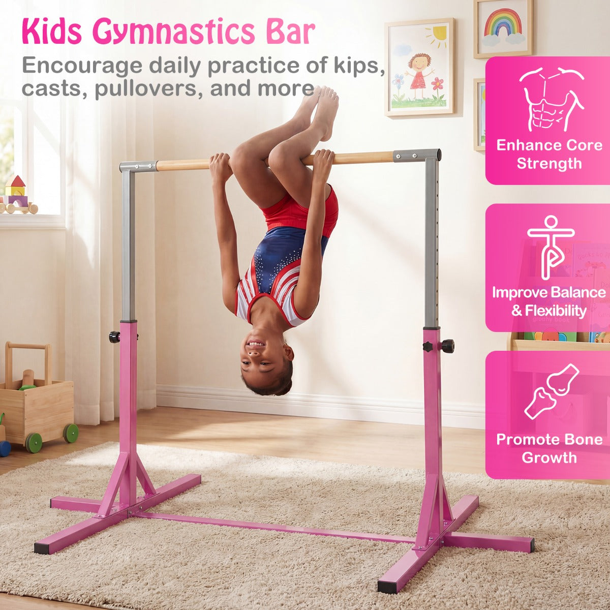 Livsk costway turnstang horizontale turnstang in hoogte verstelbaar tot 12 standen met een metalen frame en antislipvoet roze 3
