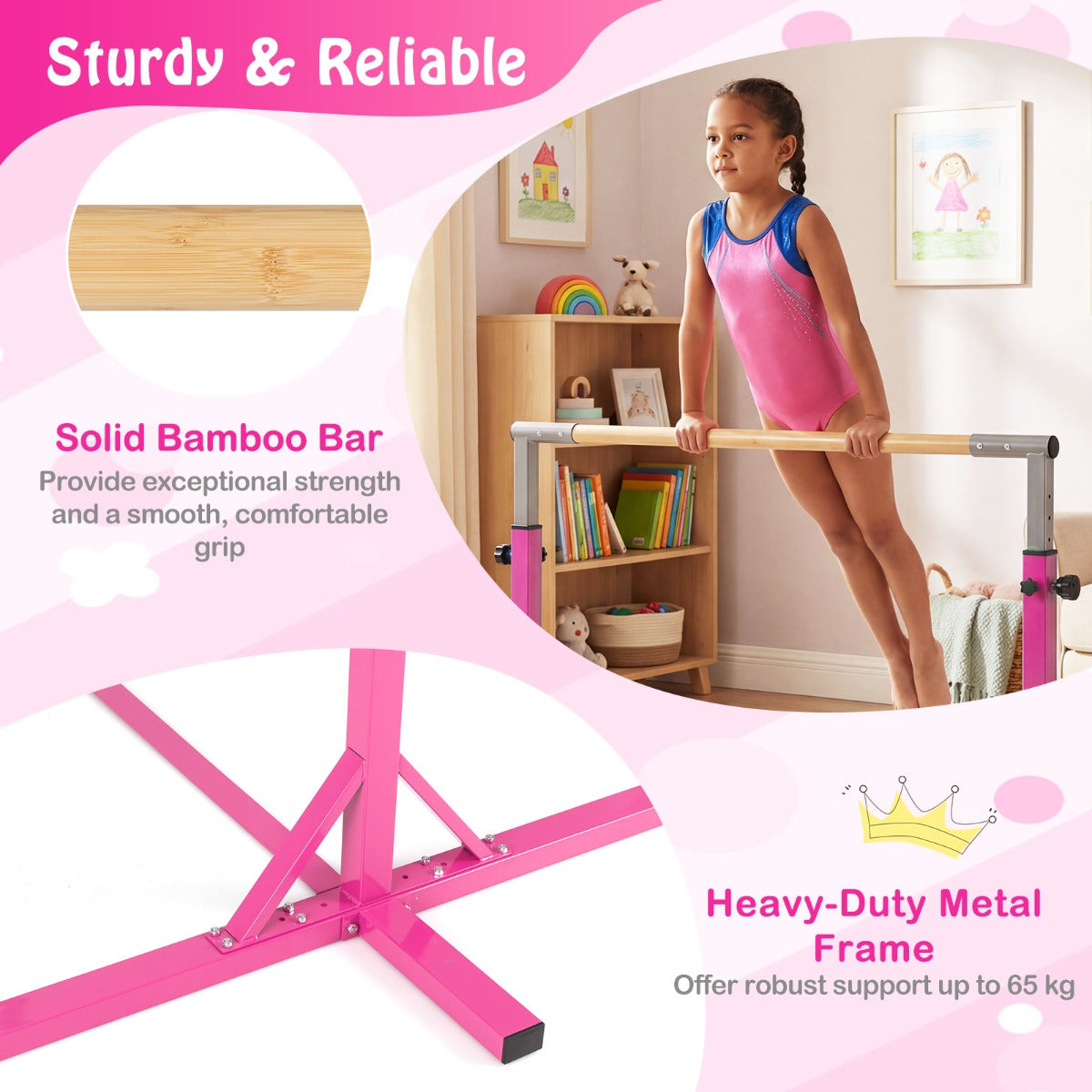 Livsk costway turnstang horizontale turnstang in hoogte verstelbaar tot 12 standen met een metalen frame en antislipvoet roze 4