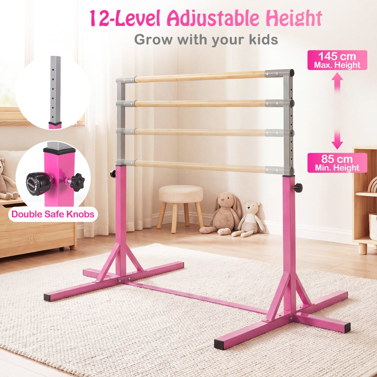 Livsk costway turnstang horizontale turnstang in hoogte verstelbaar tot 12 standen met een metalen frame en antislipvoet roze 5