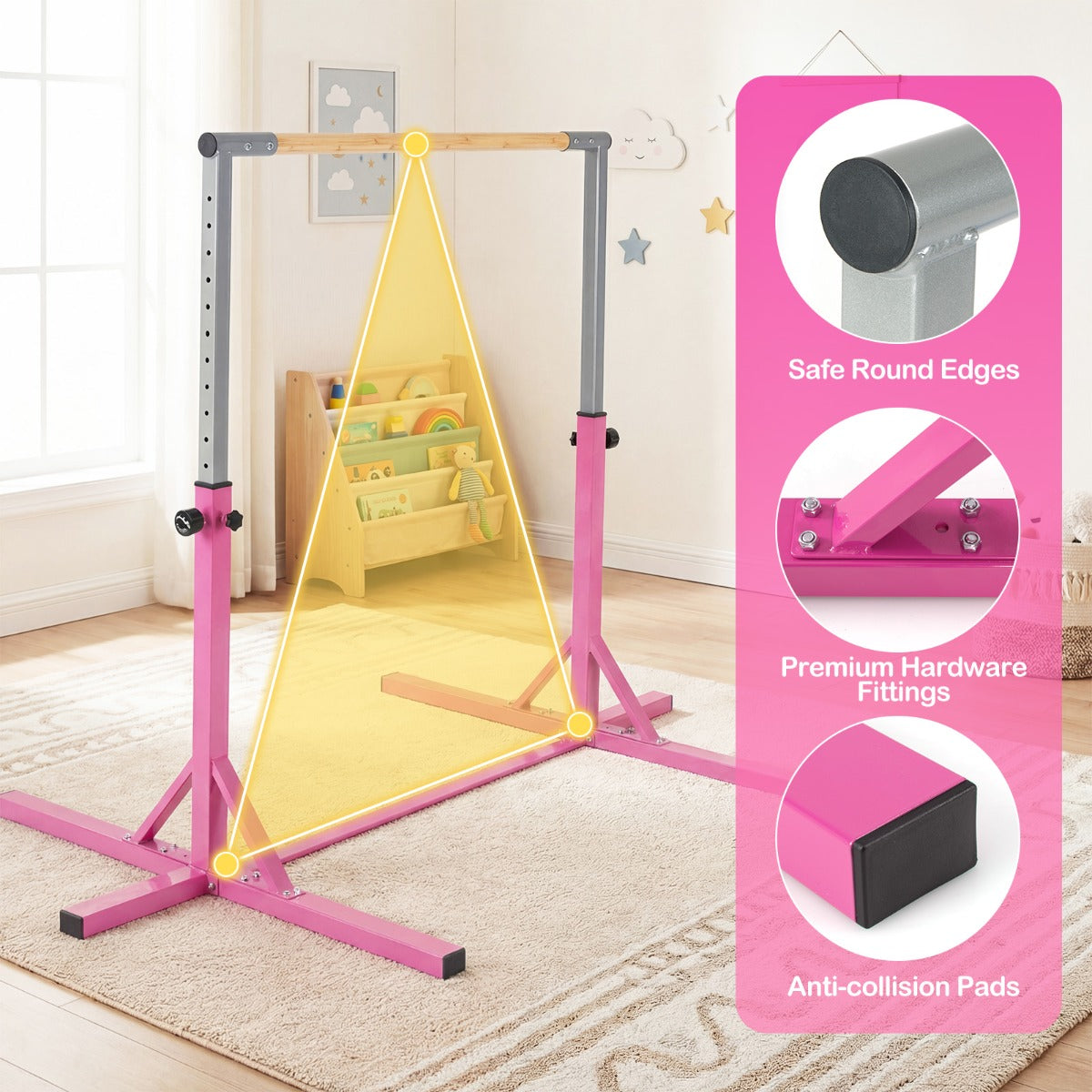 Livsk costway turnstang horizontale turnstang in hoogte verstelbaar tot 12 standen met een metalen frame en antislipvoet roze 6