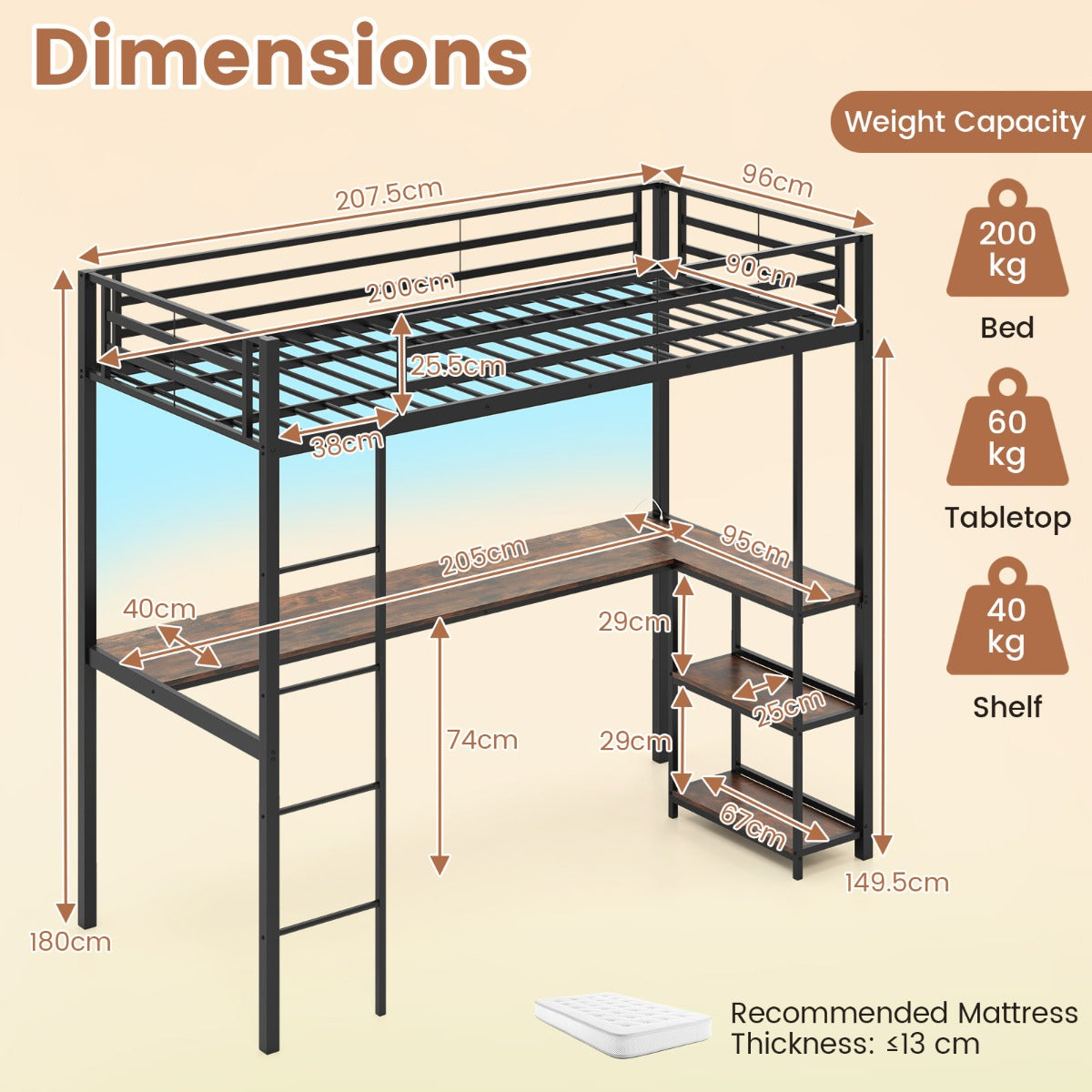 Livsk costway tussenbed 200 x 90 cm met bureau verhoogd bed met led oplaadstation metalen bed met veiligheidsreling en ladder zwart 1 1