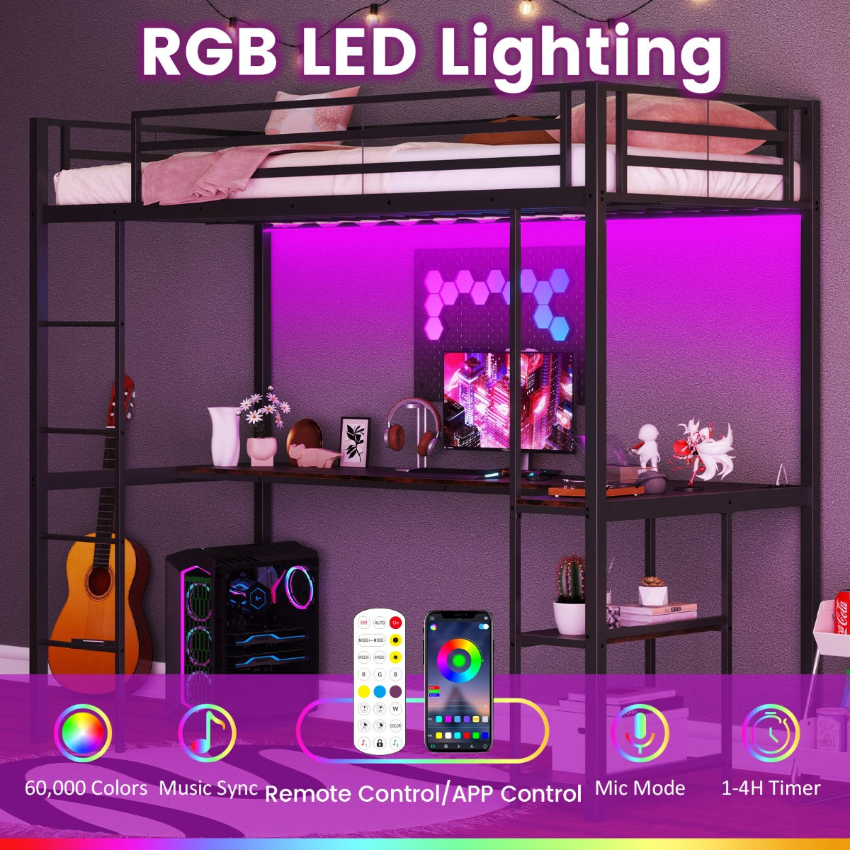 Livsk costway tussenbed 200 x 90 cm met bureau verhoogd bed met led oplaadstation metalen bed met veiligheidsreling en ladder zwart 6