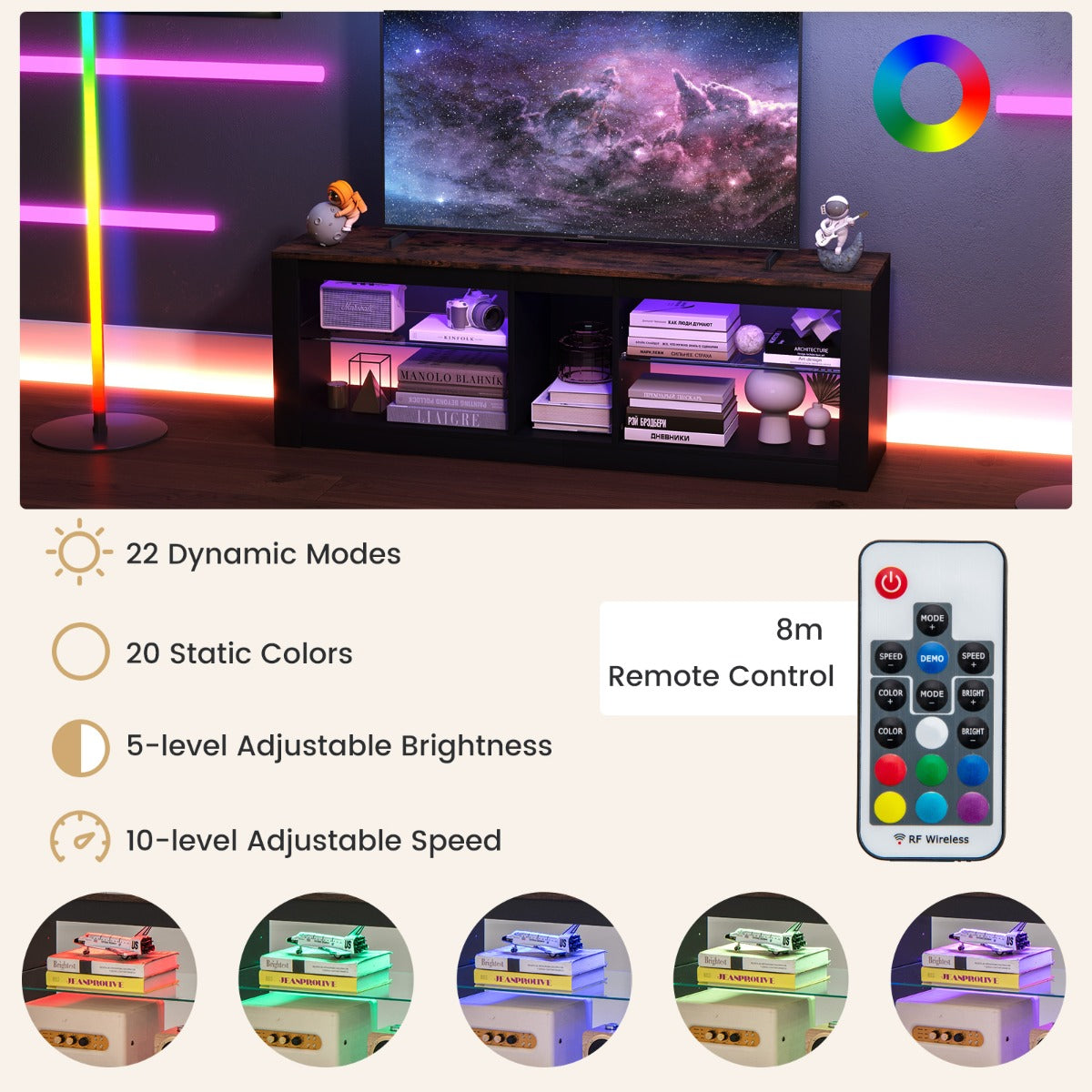 LIVSK LED-tv-kast voor tv's tot 65 inch - Verstelbare Glazen Planken - 20 Kleuren - 22 Modi - Elegant Design - Zwart en Bruin