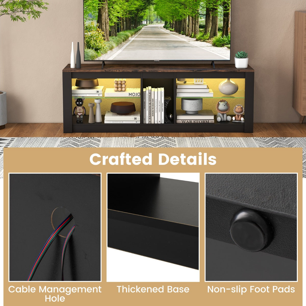 LIVSK LED-tv-kast voor tv's tot 65 inch - Verstelbare Glazen Planken - 20 Kleuren - 22 Modi - Elegant Design - Zwart en Bruin