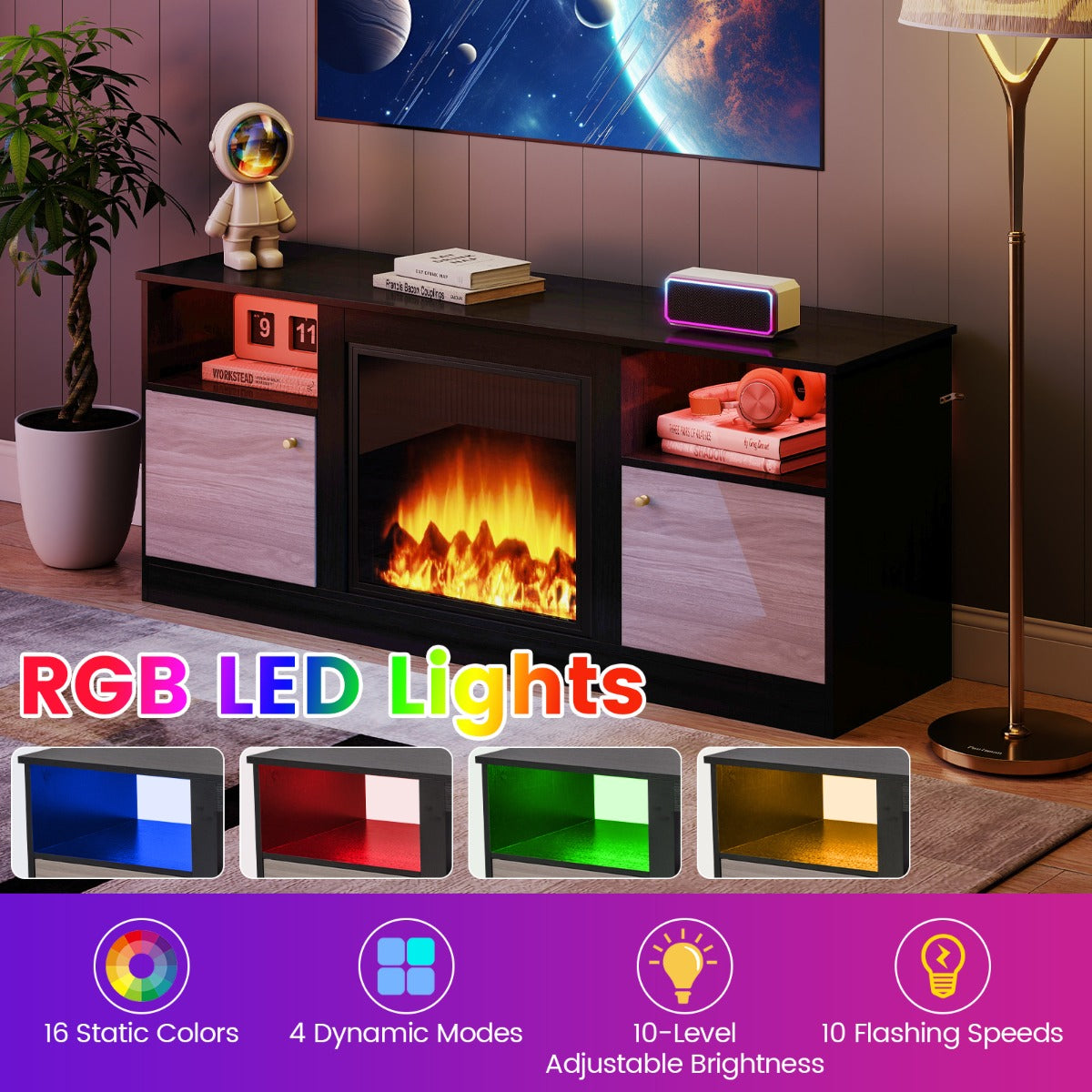 Livsk costway tv kast met ledverlichting voor 65 tv tv kast met verstelbare plank en open vak voor open haard 3