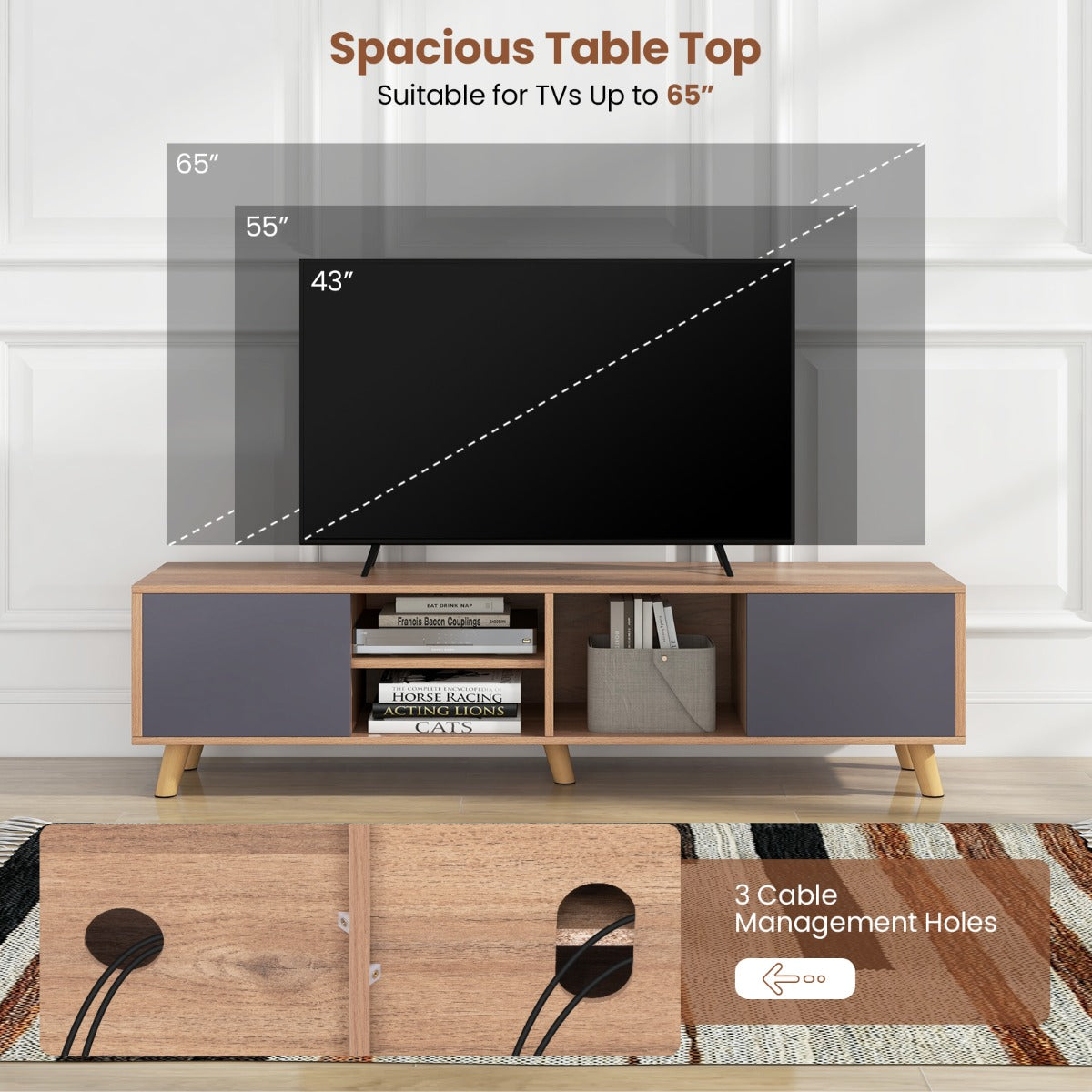LIVSK TV-meubel voor TV's tot 65 inch - 2 Kasten en 2 Open Planken - Kabelmanagement - Robuuste Constructie - 152 x 40 x 40 cm -