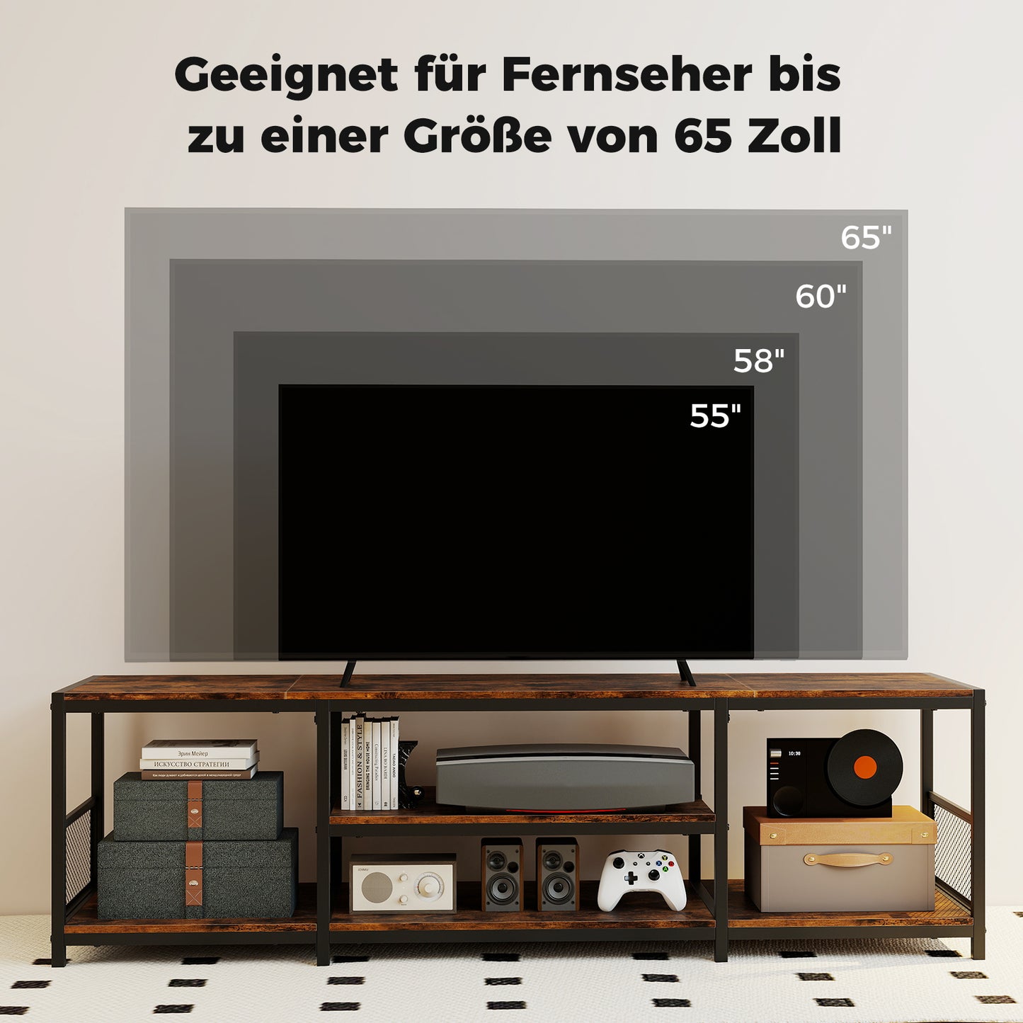LIVSK TV-kast voor Televisies tot 65 Inch - Robuuste Metalen Constructie - Verstelbare Poten - Open Planken - 150 x 40 cm - Zwart