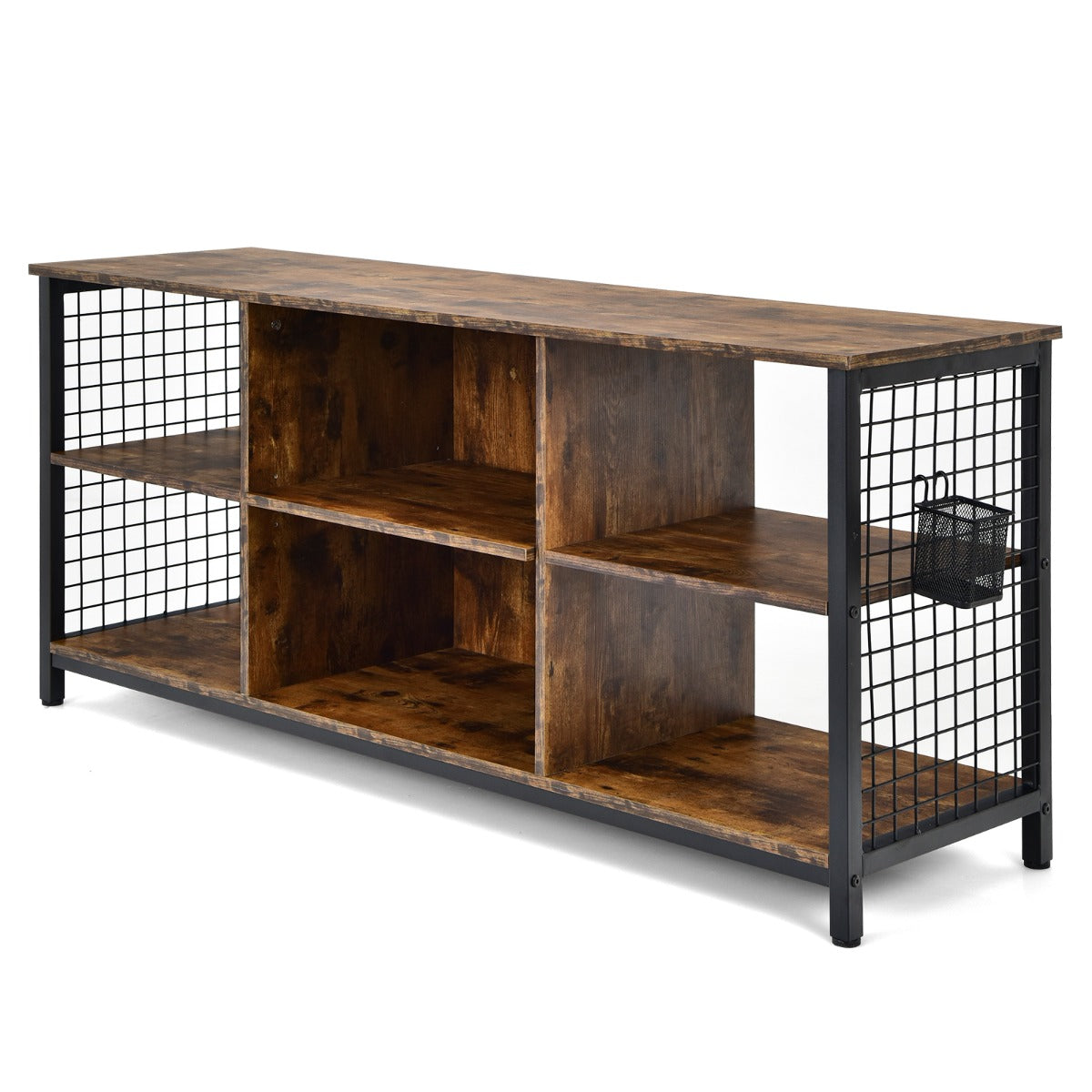 LIVSK Industrieel TV-meubel voor televisies tot 65" - 6 Open Vakken - Kabelmanagement - Stevige Constructie - 140 x 40 x 63 cm -