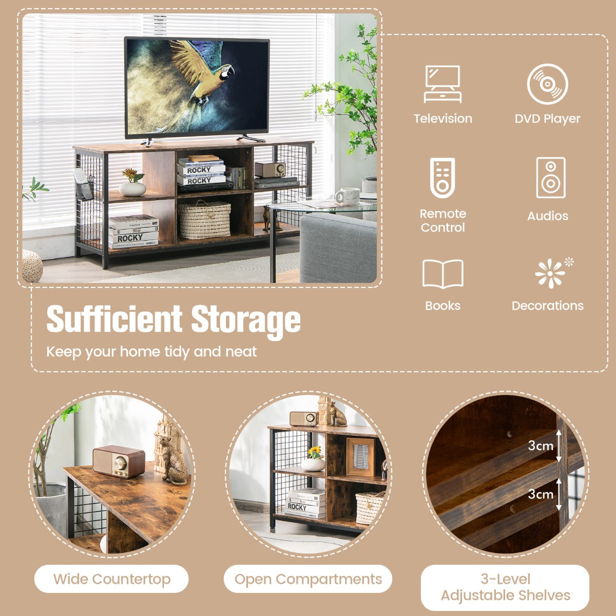 LIVSK Industrieel TV-meubel voor televisies tot 65" - 6 Open Vakken - Kabelmanagement - Stevige Constructie - 140 x 40 x 63 cm -