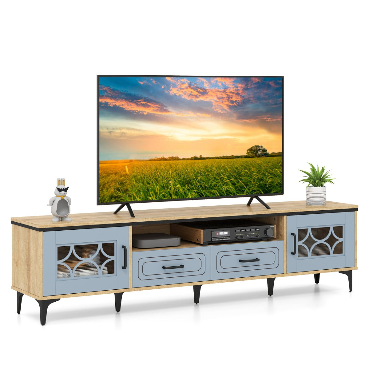 LIVSK TV-meubel voor flatscreen-tv's tot 80" - 2 lades - 2 kasten - Open vak - Robuuste constructie - Landelijke stijl - Naturel