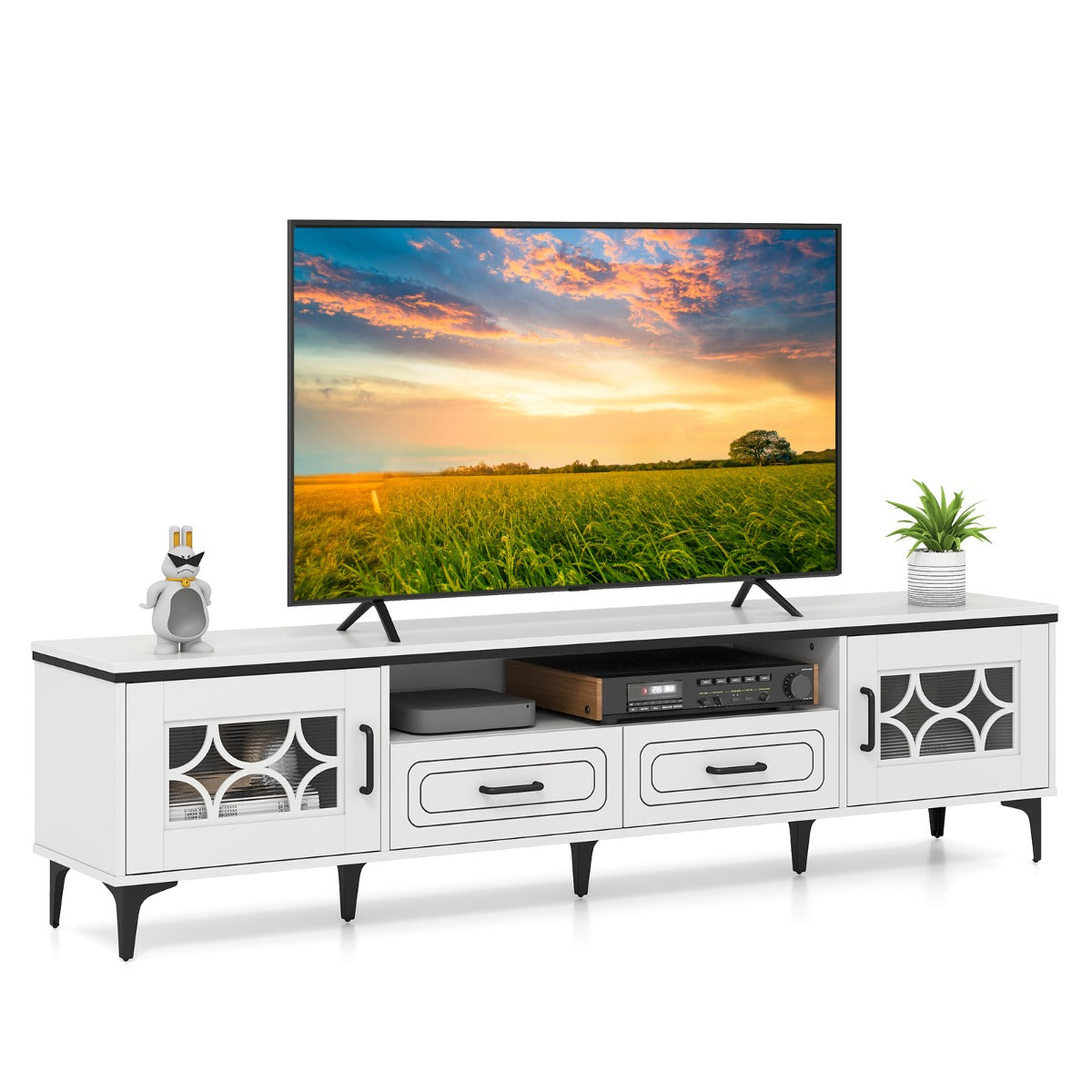LIVSK TV-meubel voor Flatscreen tot 80 inch - 2 Uittrekbare Lades - Transparante Deuren - Robuust en Stabiel - Eiken en Blauwgrijs