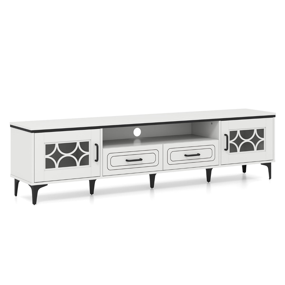 LIVSK TV-meubel voor Flatscreen tot 80 inch - 2 Uittrekbare Lades - Transparante Deuren - Robuust en Stabiel - Eiken en Blauwgrijs