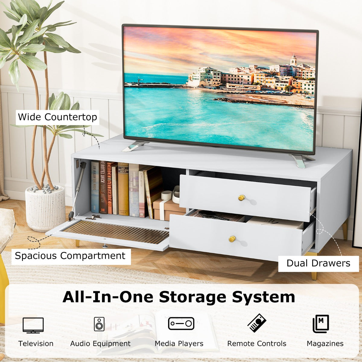 LIVSK tv-console voor 55 inch tv - Opbergkast met 2 lades - Neerklapbare deur - Metalen poten - Modern design - Lichtgrijs