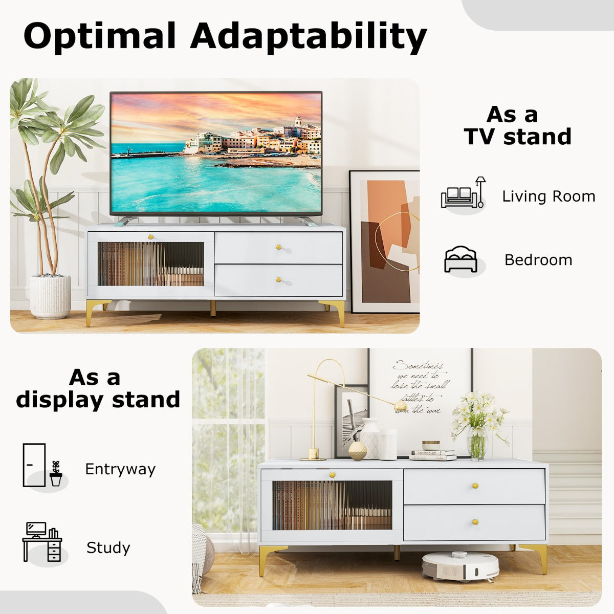 LIVSK tv-console voor 55 inch tv - Opbergkast met 2 lades - Neerklapbare deur - Metalen poten - Modern design - Lichtgrijs