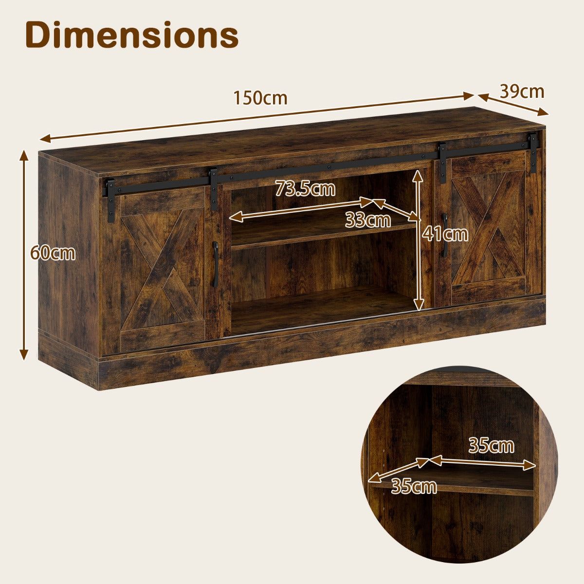 Livsk costway tv meubel voor 70 televisie tv kast met schuifdeuren in schuurstijl verstelbare planken 1 1
