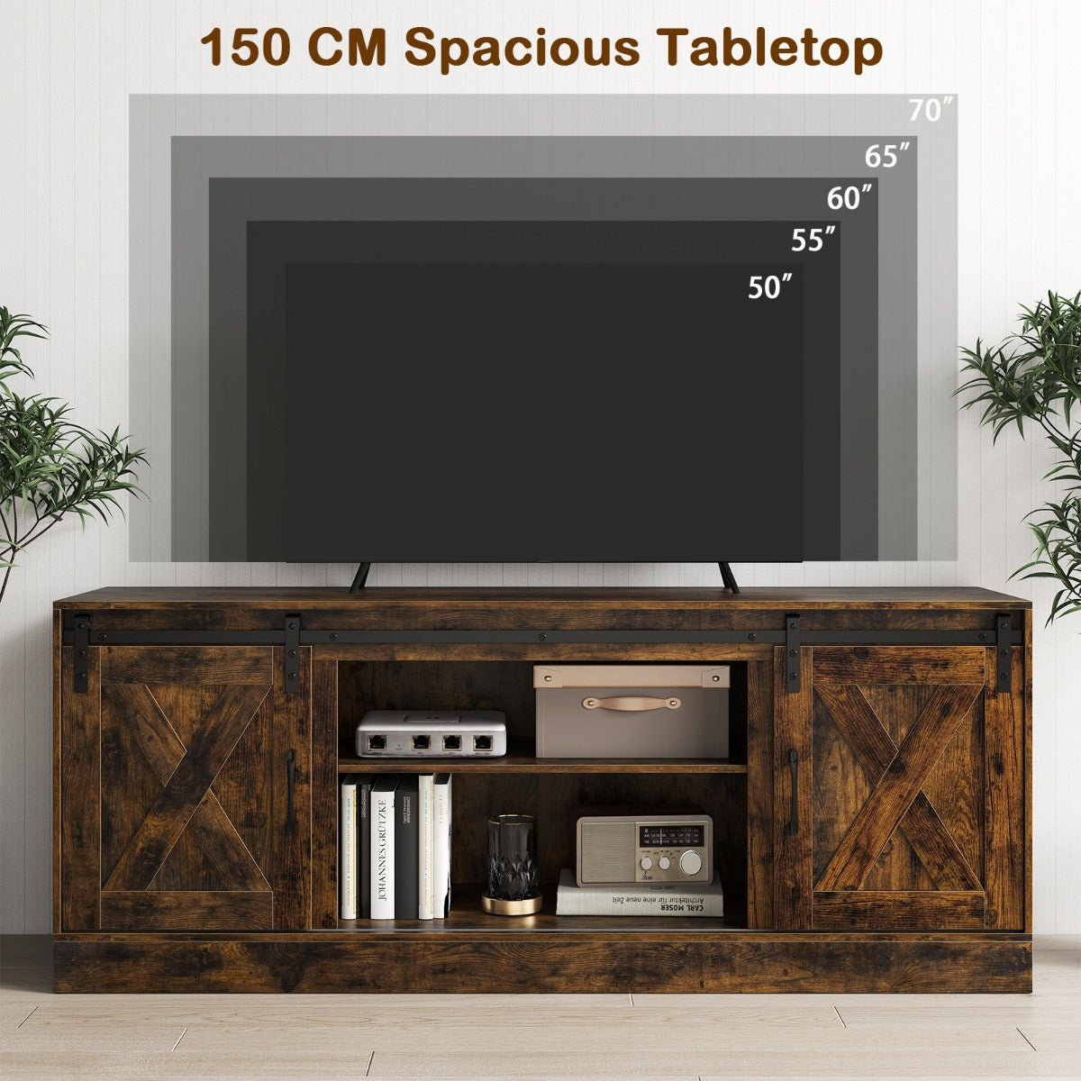 Livsk costway tv meubel voor 70 televisie tv kast met schuifdeuren in schuurstijl verstelbare planken 2
