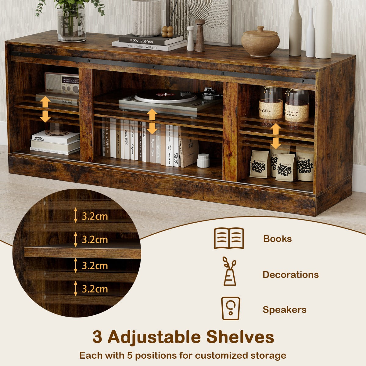 Livsk costway tv meubel voor 70 televisie tv kast met schuifdeuren in schuurstijl verstelbare planken 4