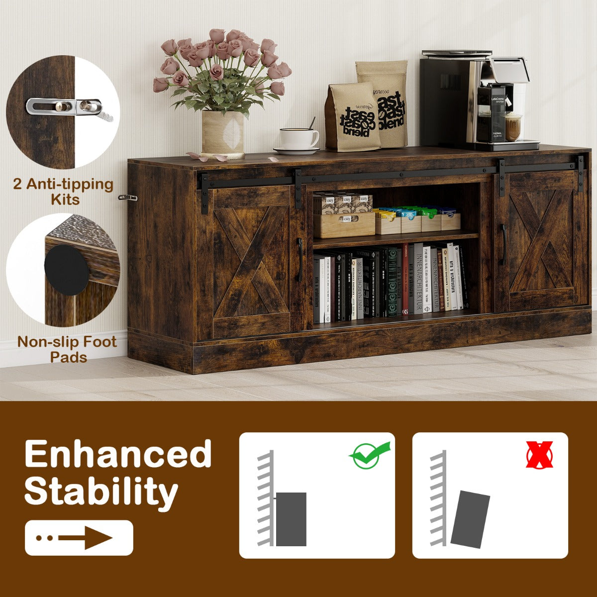 Livsk costway tv meubel voor 70 televisie tv kast met schuifdeuren in schuurstijl verstelbare planken 5