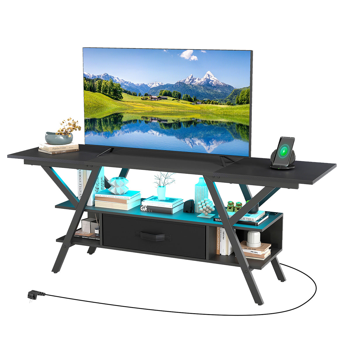 LIVSK TV - standaard met LED Verlichting - 16 Kleuren - Ingebouwde Stroomstrip - Ruimte voor 65 - inch TV - Stijlvol Zwart