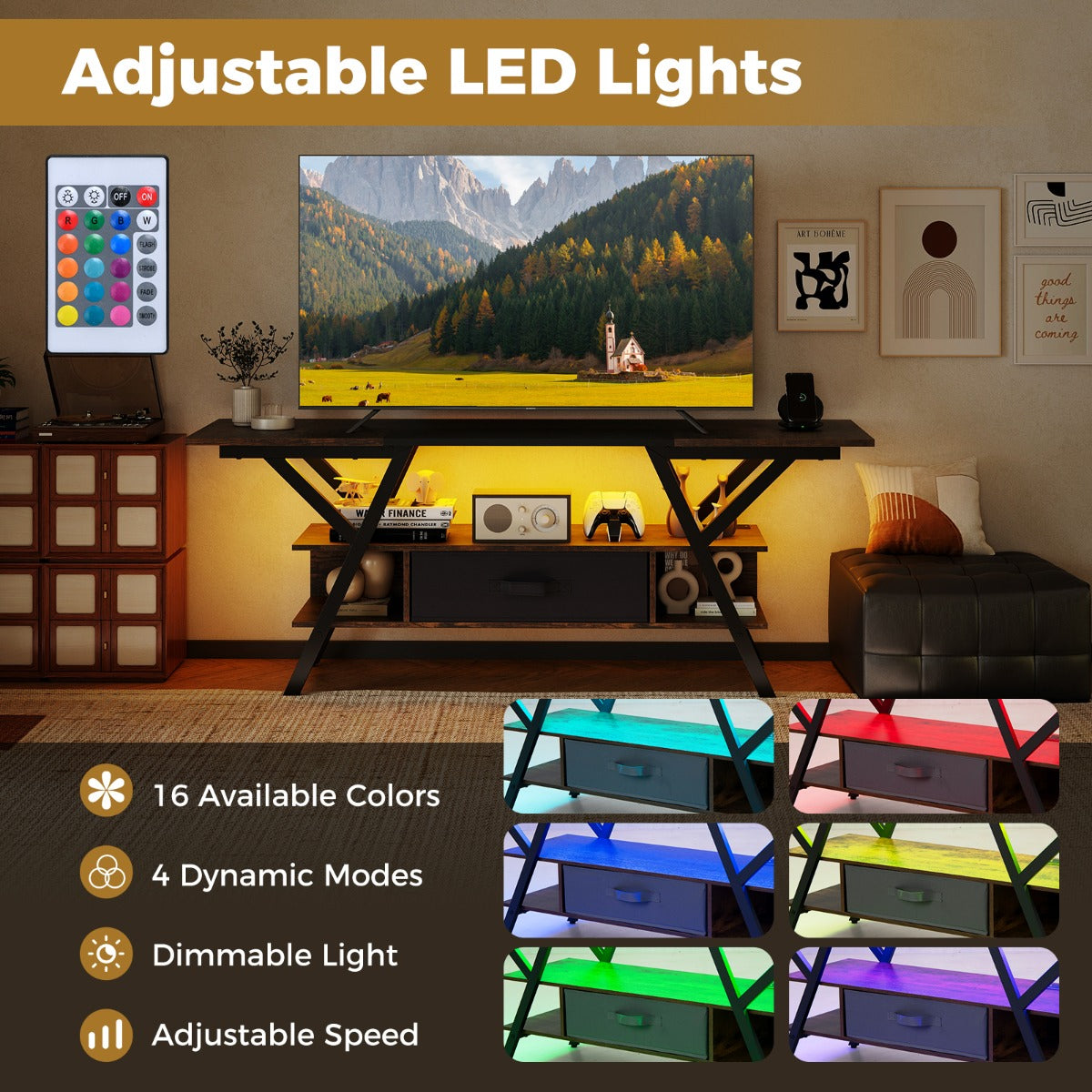 LIVSK TV - standaard 65 - inch - LED Verlichting met 16 Kleuren - Ingebouwde Stopcontacten - Ruime Opbergruimte - Robuust Metaal