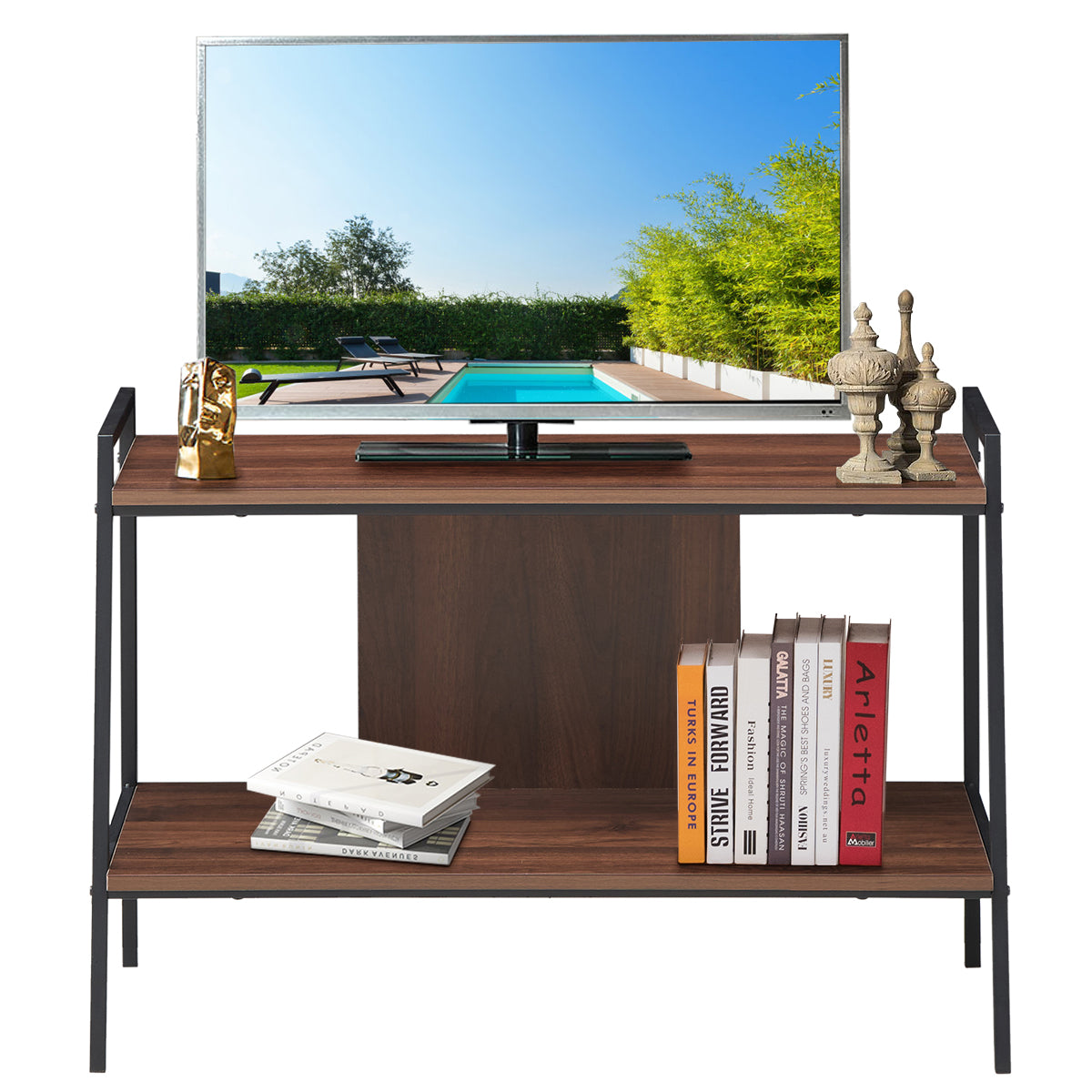 LIVSK TV Standaard Houten Mediatafel - Stevig Metalen Frame - 2 Lagen Opbergruimte - Voor TV's tot 32" - Walnoot