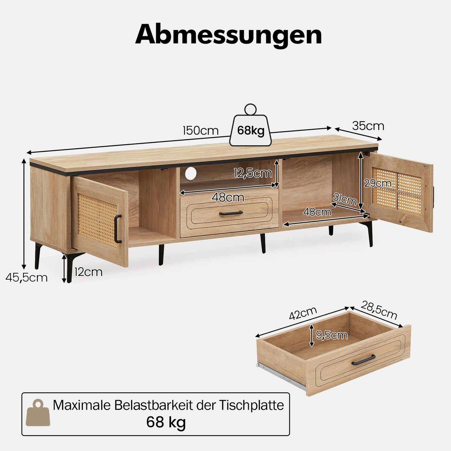 LIVSK TV-standaard voor 65 inch TV - 2 Deuren - Lade - Open Plank - Stevige 6-poot Ondersteuning - Eik