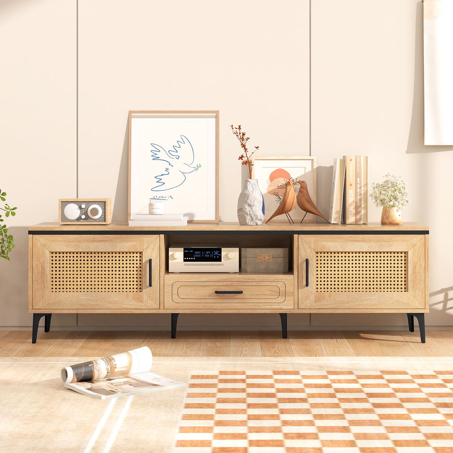 LIVSK TV-standaard voor 65 inch TV - 2 Deuren - Lade - Open Plank - Stevige 6-poot Ondersteuning - Eik