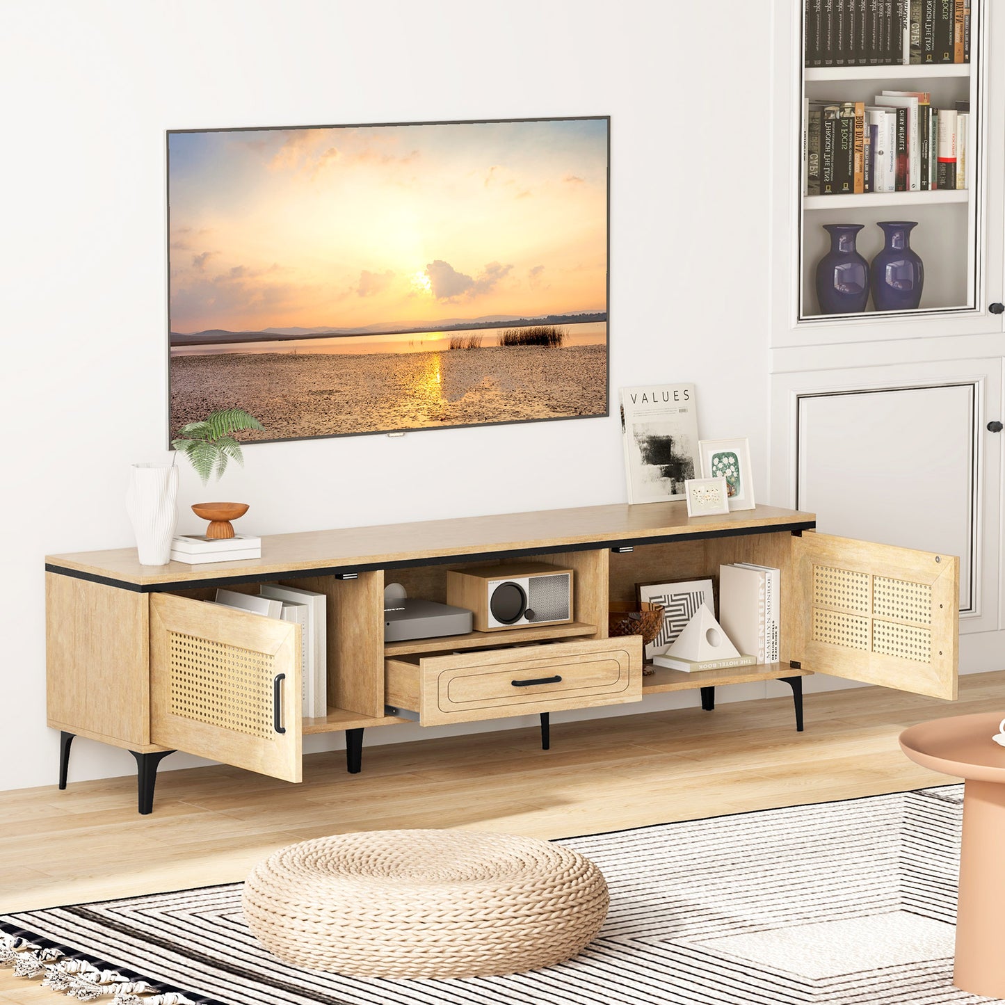 LIVSK TV-standaard voor 65 inch TV - 2 Deuren - Lade - Open Plank - Stevige 6-poot Ondersteuning - Eik