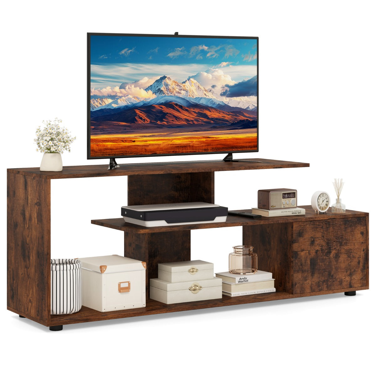 LIVSK TV-standaard voor TV's tot 55 inch - Asymmetrisch Design - Open Planken - Kast - 5 Steunpoten - Rustiek bruin