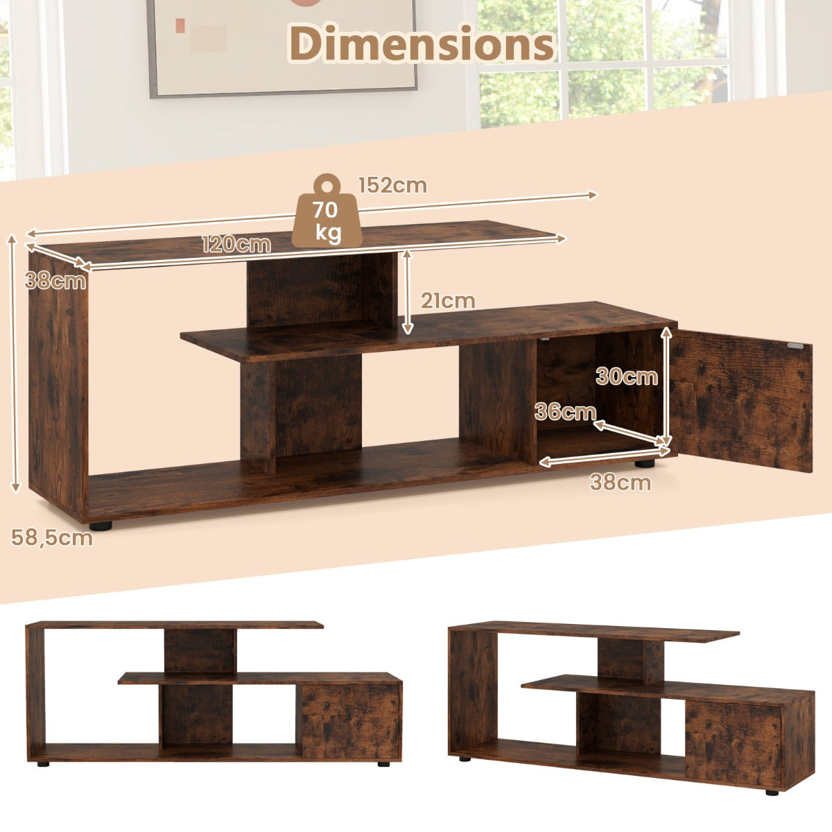 LIVSK TV-standaard voor TV's tot 55 inch - Asymmetrisch Design - Open Planken - Kast - 5 Steunpoten - Rustiek bruin