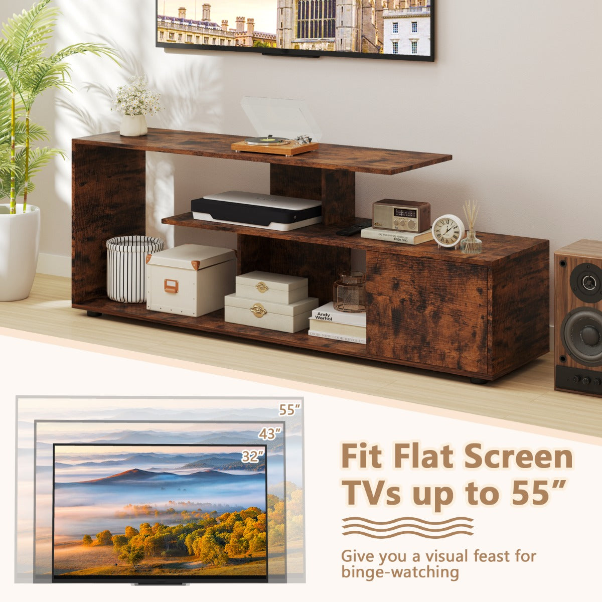 LIVSK TV-standaard voor TV's tot 55 inch - Asymmetrisch Design - Open Planken - Kast - 5 Steunpoten - Rustiek bruin