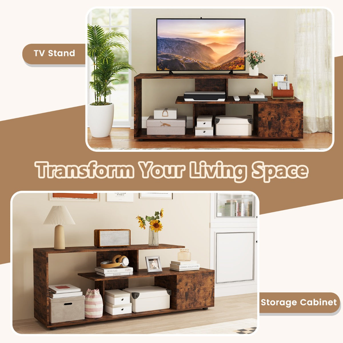 LIVSK TV-standaard voor TV's tot 55 inch - Asymmetrisch Design - Open Planken - Kast - 5 Steunpoten - Rustiek bruin