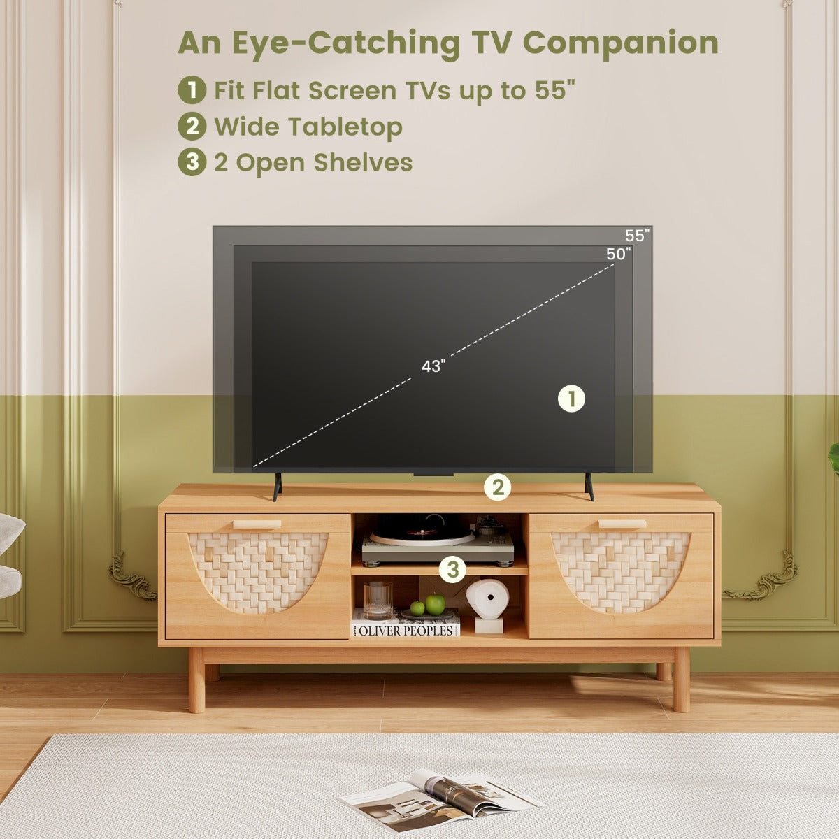 LIVSK Mediakast voor TV's tot 55 Inch - Bamboe Lades - Open Planken - Kabelbeheer - Stabiele Houten Poten - Natuurlijke