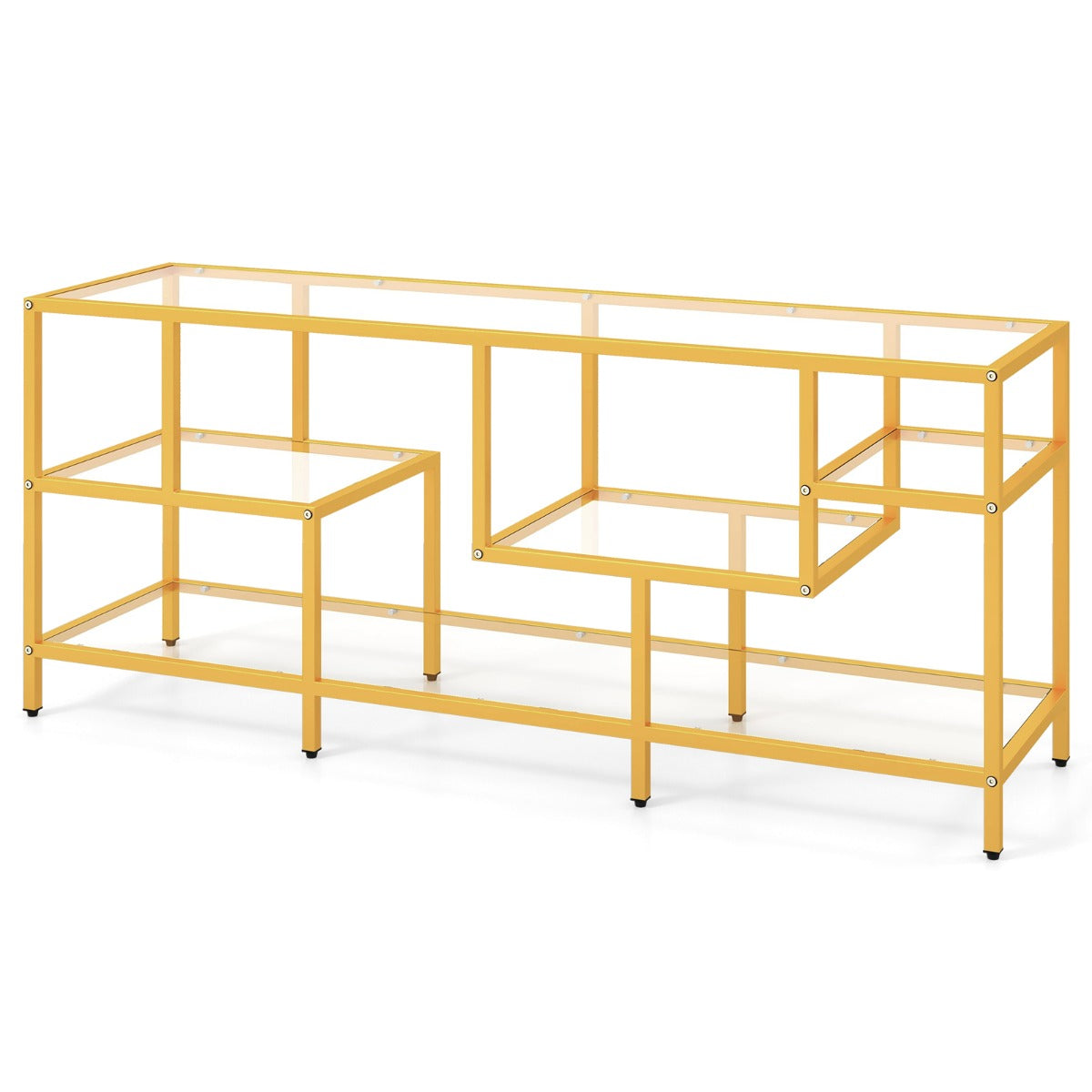 LIVSK TV-consoletafel voor TV's tot 65 inch - Ruim blad en 4 planken - Stevig metalen frame - Breukbestendig glas - Zwart