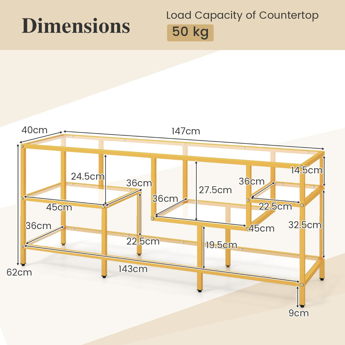 LIVSK TV-consoletafel voor TV's tot 65 inch - Ruim blad en 4 planken - Stevig metalen frame - Breukbestendig glas - Zwart