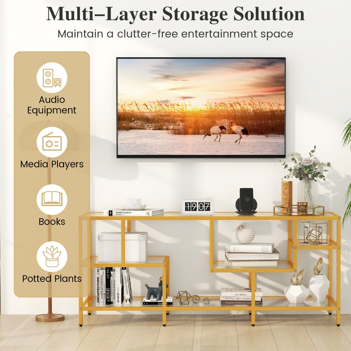 LIVSK TV-consoletafel voor TV's tot 65 inch - Ruim blad en 4 planken - Stevig metalen frame - Breukbestendig glas - Zwart
