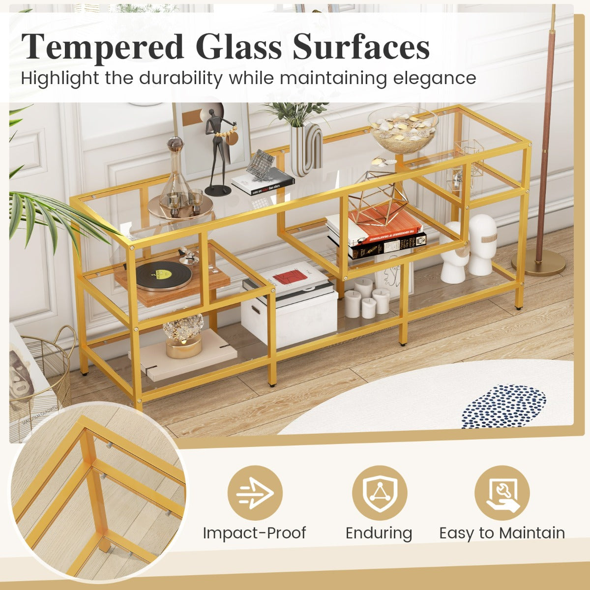 LIVSK TV-consoletafel voor TV's tot 65 inch - Ruim blad en 4 planken - Stevig metalen frame - Breukbestendig glas - Zwart