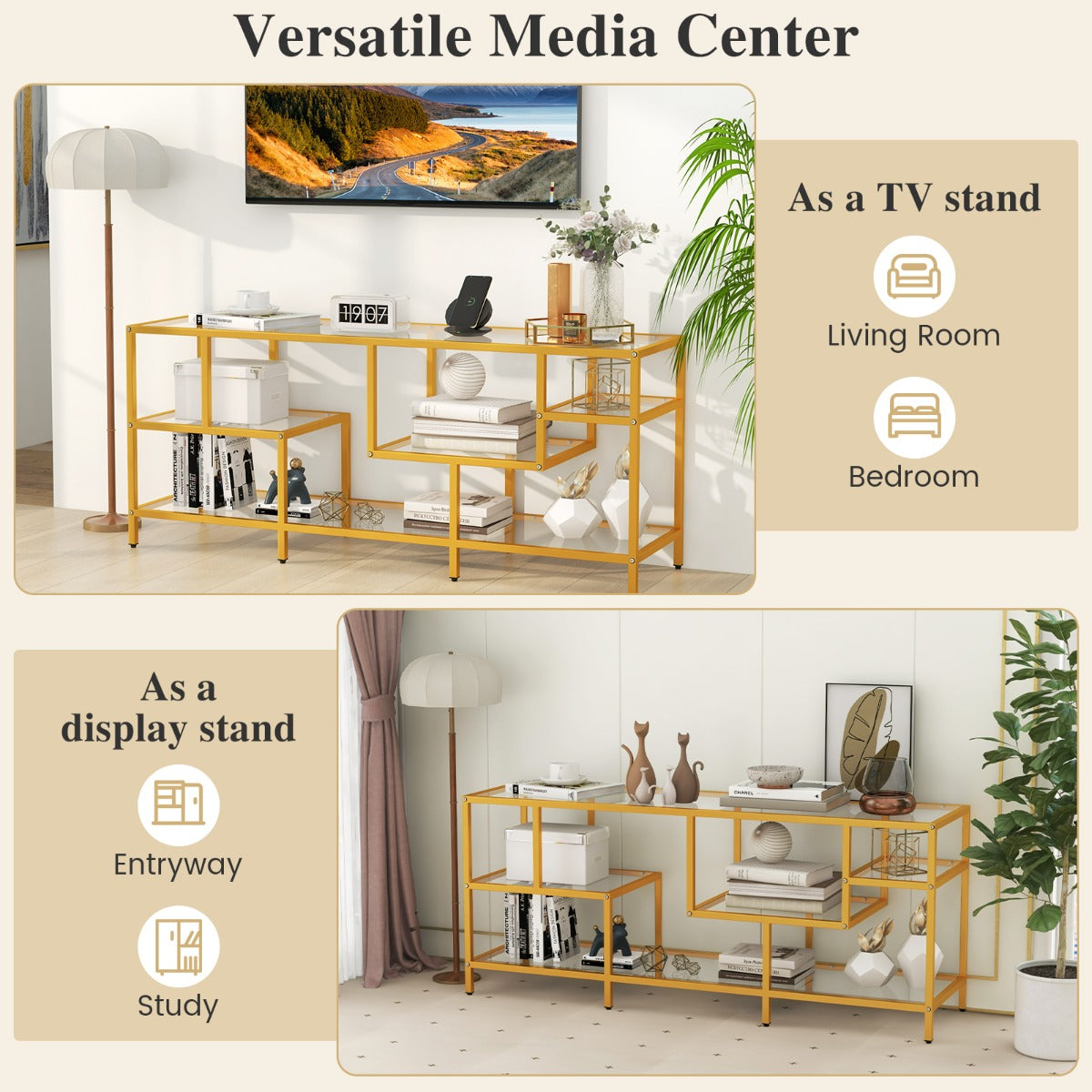 LIVSK TV-consoletafel voor TV's tot 65 inch - Ruim blad en 4 planken - Stevig metalen frame - Breukbestendig glas - Zwart
