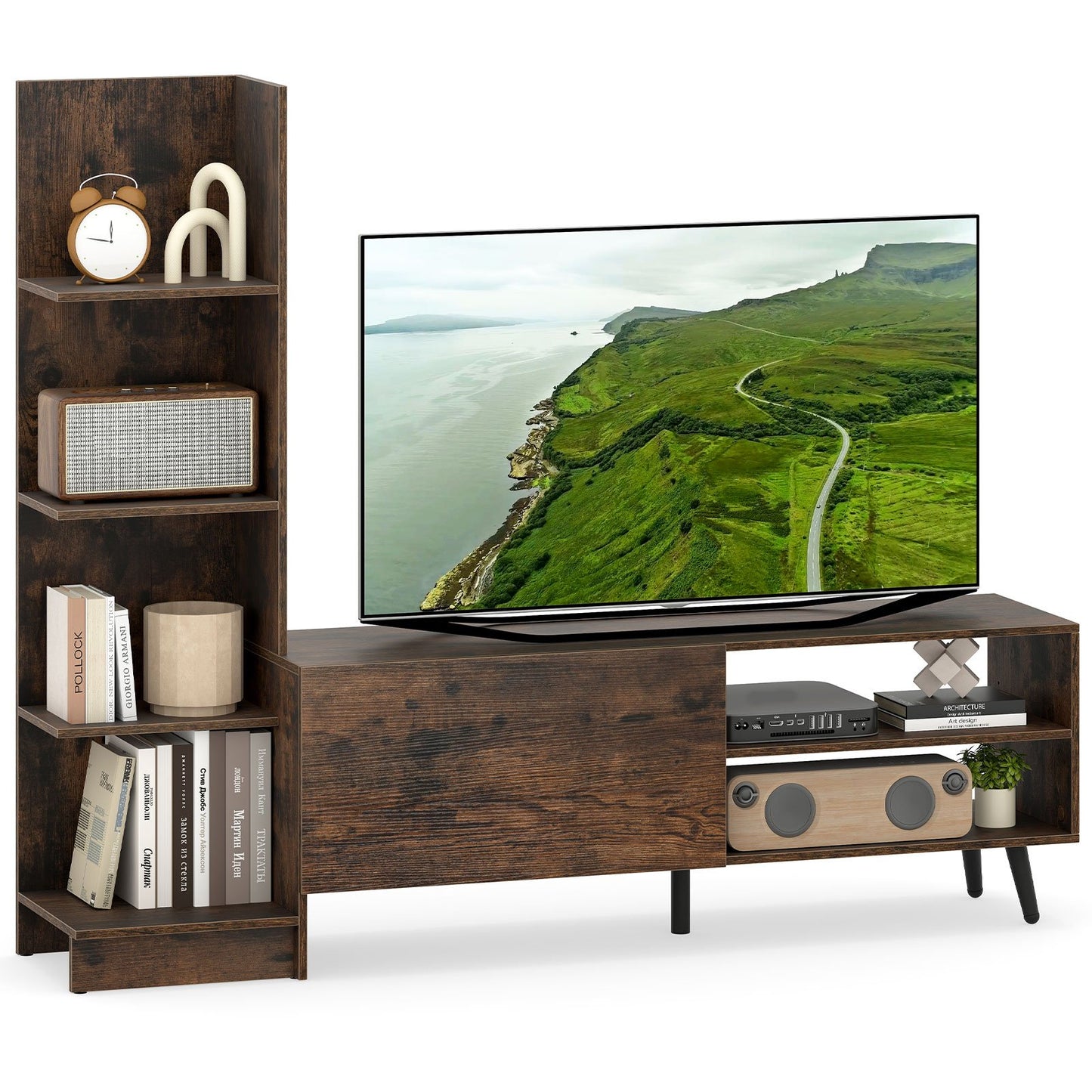 LIVSK TV-tafel met Verstelbare Boekenplank - Ruim Werkblad 110 cm - 4-laags Opbergruimte - Robuuste Metalen Poten - Koffie