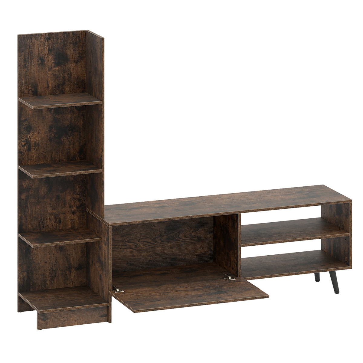 LIVSK TV-tafel met Verstelbare Boekenplank - Ruim Werkblad 110 cm - 4-laags Opbergruimte - Robuuste Metalen Poten - Koffie