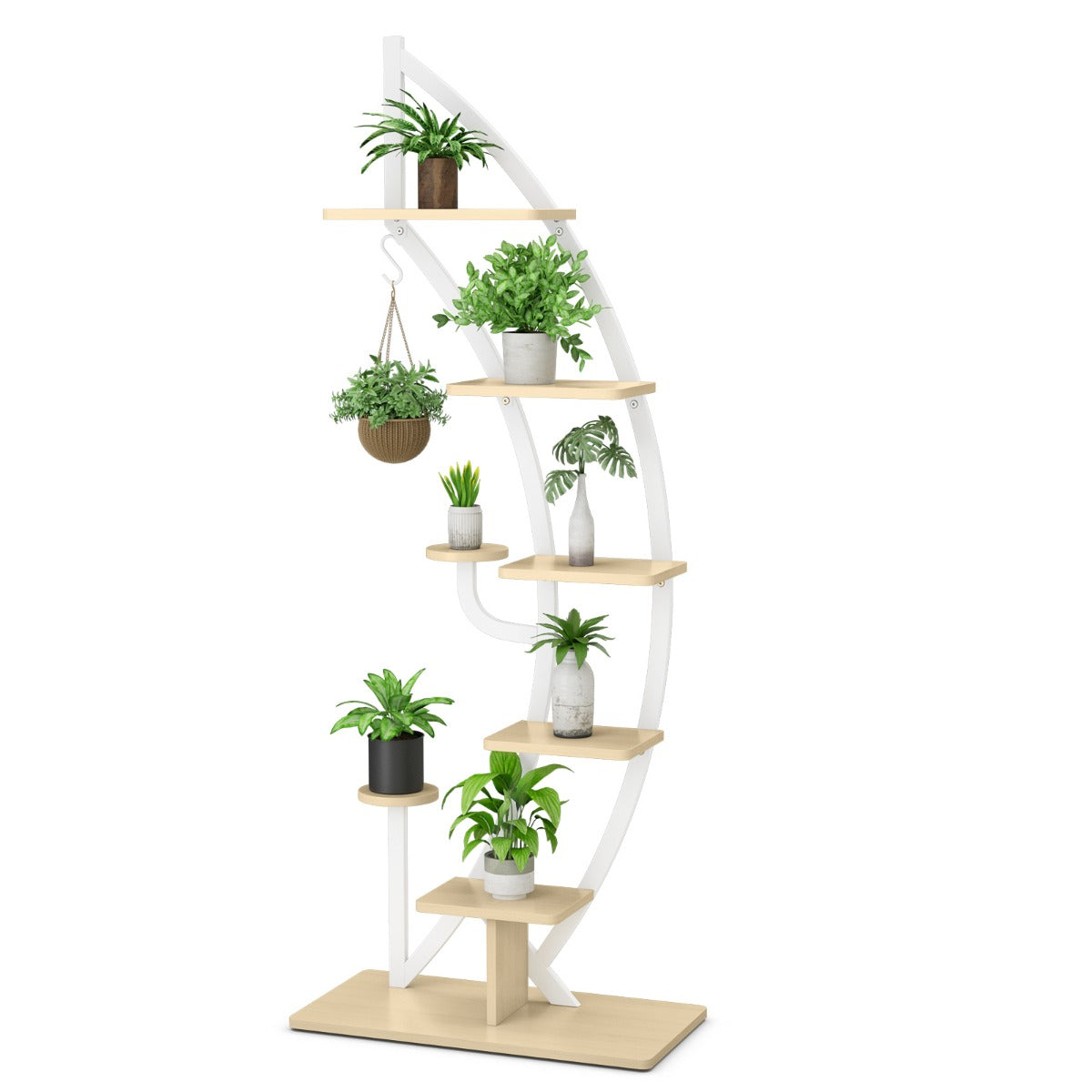 LIVSK Metalen Bloemenplank - 7-Lagen Gebogen Ontwerp - Tot 20 kg per Plank - Stabiliteit en Veiligheid - 60 x 30 x 155 cm - Wit