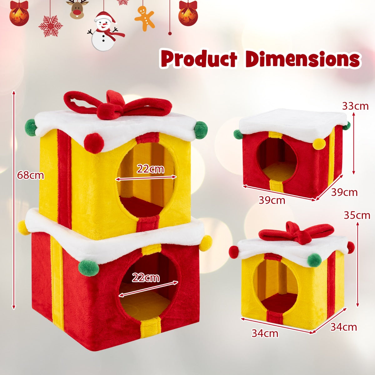 LIVSK Kerstkattenhuis - Geschenkdoosvormig - Stapelbaar - Pluche Bekleding - Voor 2 katten - Rood + Geel